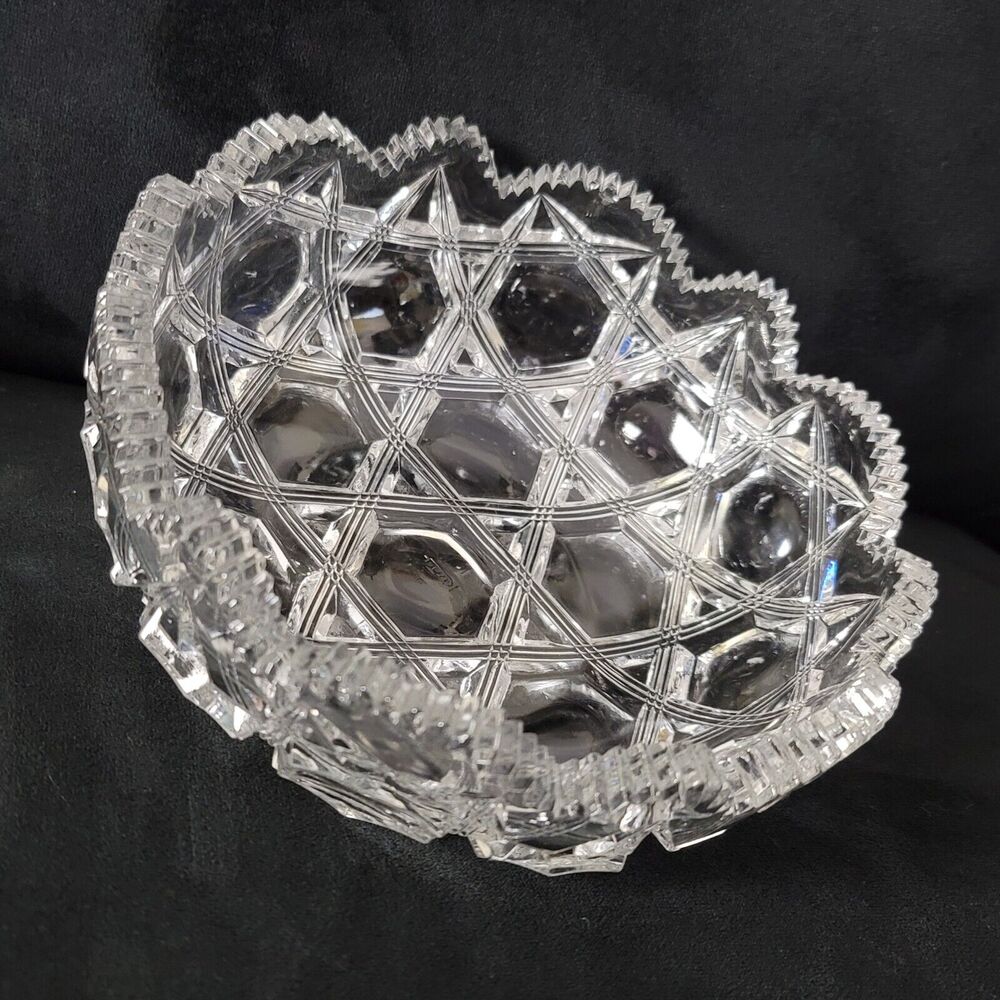 Rare Krys Tol Clear Diamond Geometric Medium Cut Crystal Scalloped Serving Bowl